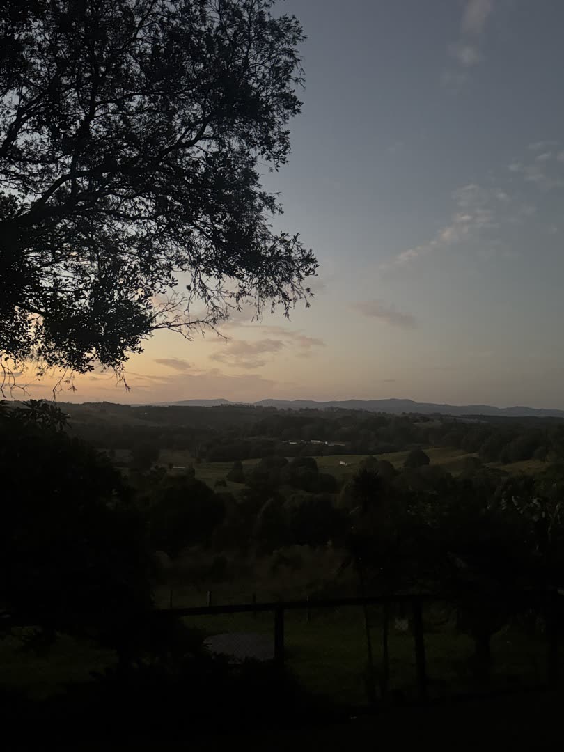 Twilight silhouette over the rolling hinterland with tree branches in foreground